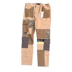 THRT "Herald Denim" Patchwork Cargo Pants 40 NWT Tan Brown Bandana Streetwear